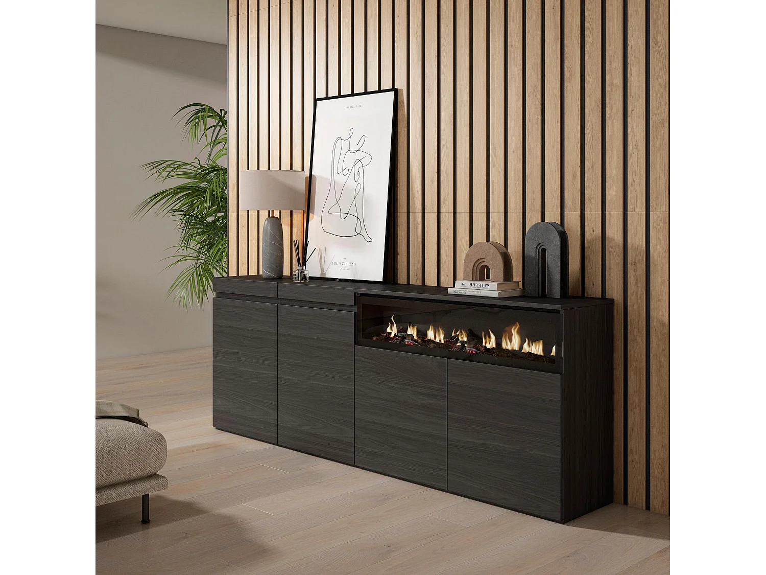 Buffet salon et cuisine, 200x75x35cm, 4 Portes, Cheminée électrique, Noir