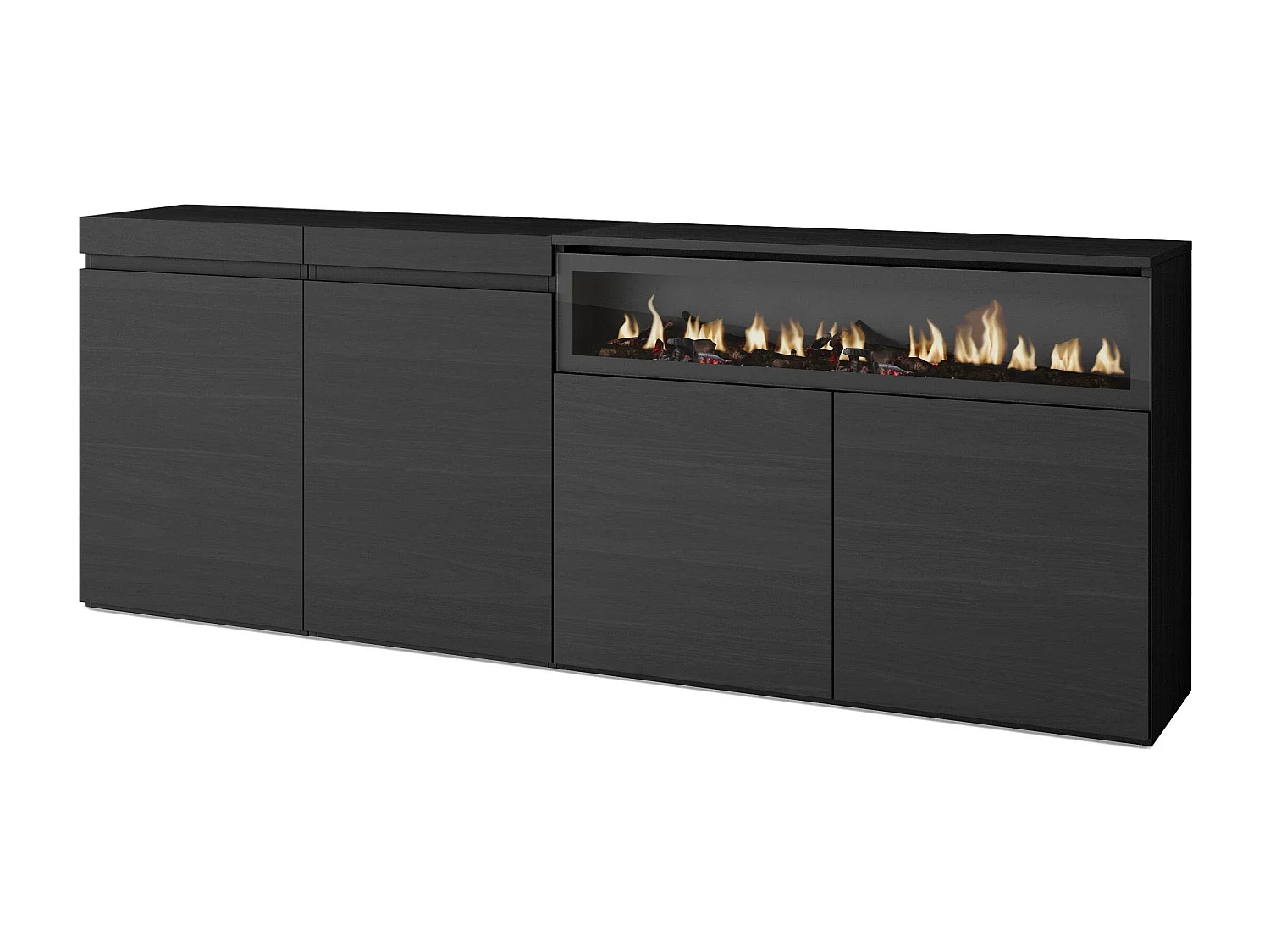 Sideboard, Highboard, 200x35x75cm, 4 Türen, Elektrokamin, Schwarz