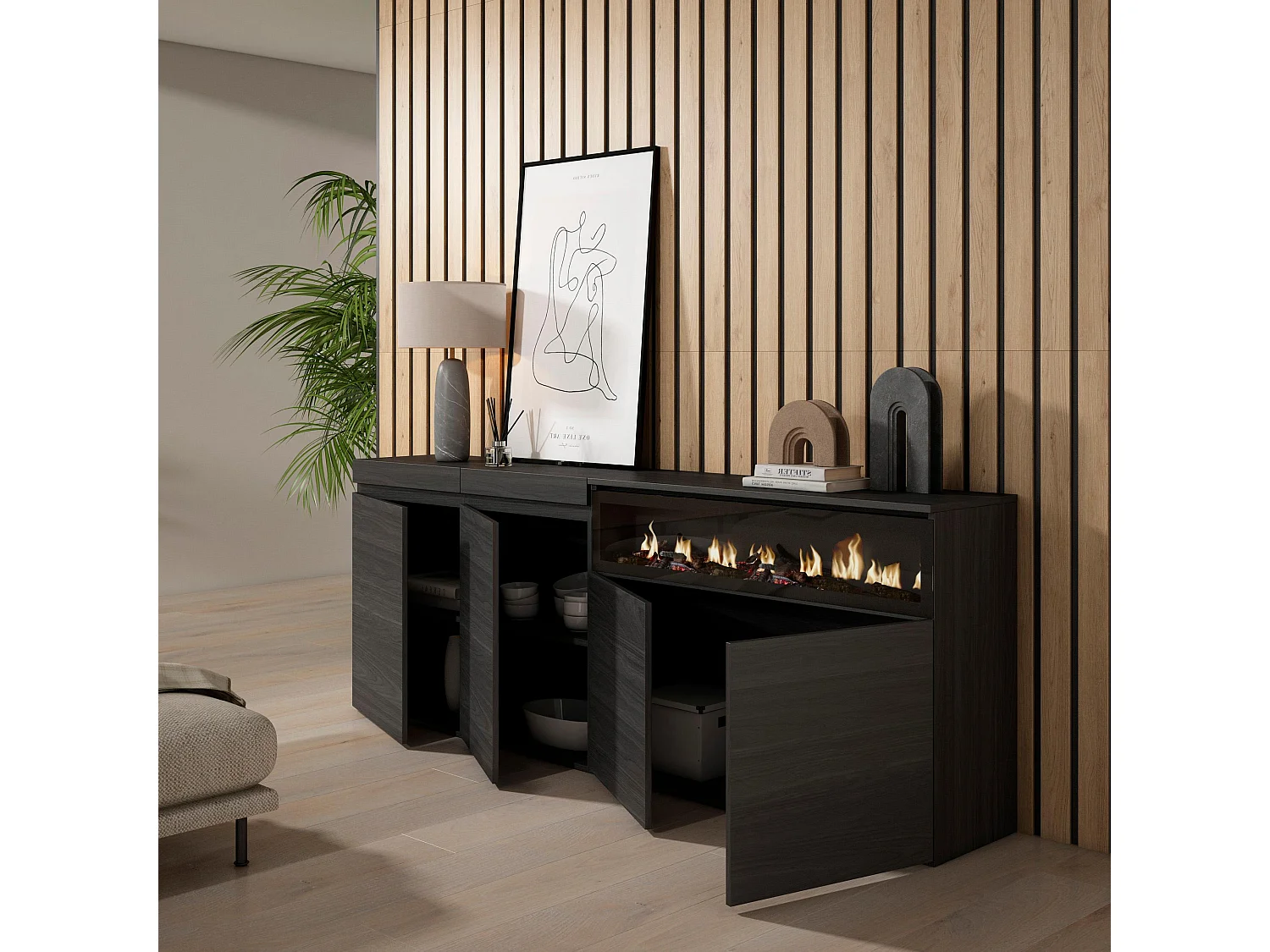 Sideboard, Highboard, 200x35x75cm, 4 Türen, Elektrokamin, Schwarz