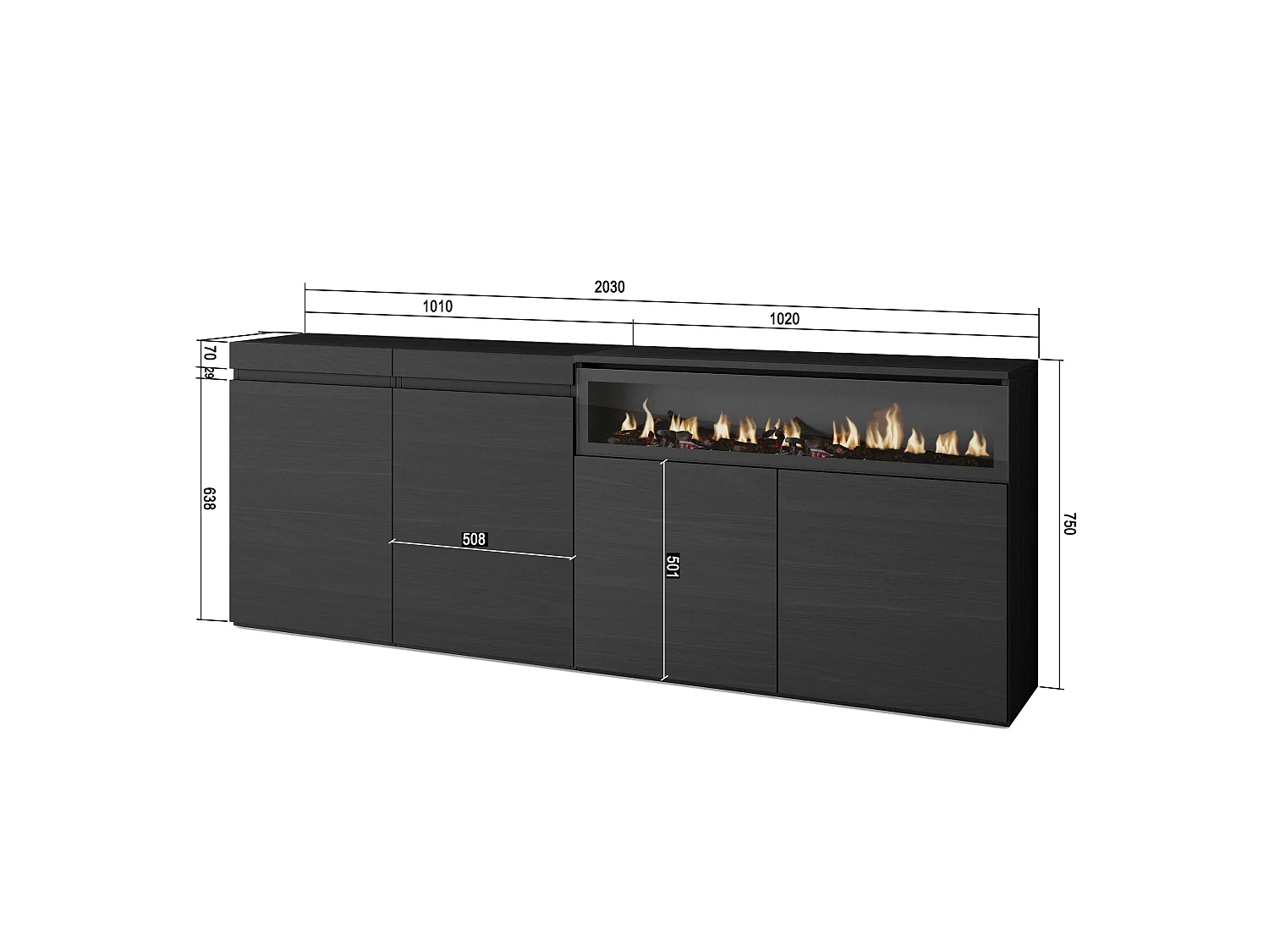 Sideboard, Highboard, 200x35x75cm, 4 Türen, Elektrokamin, Schwarz