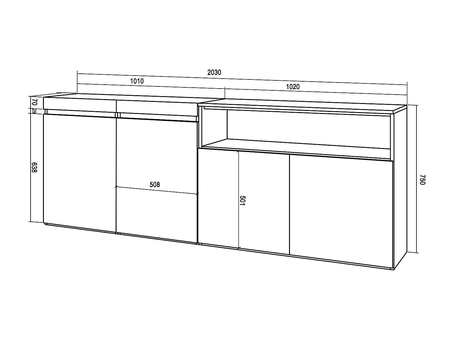 Sideboard, Highboard, 200x35x75cm, 4 Türen, Wohnzimmer, Küche, Weiß und Schwarz