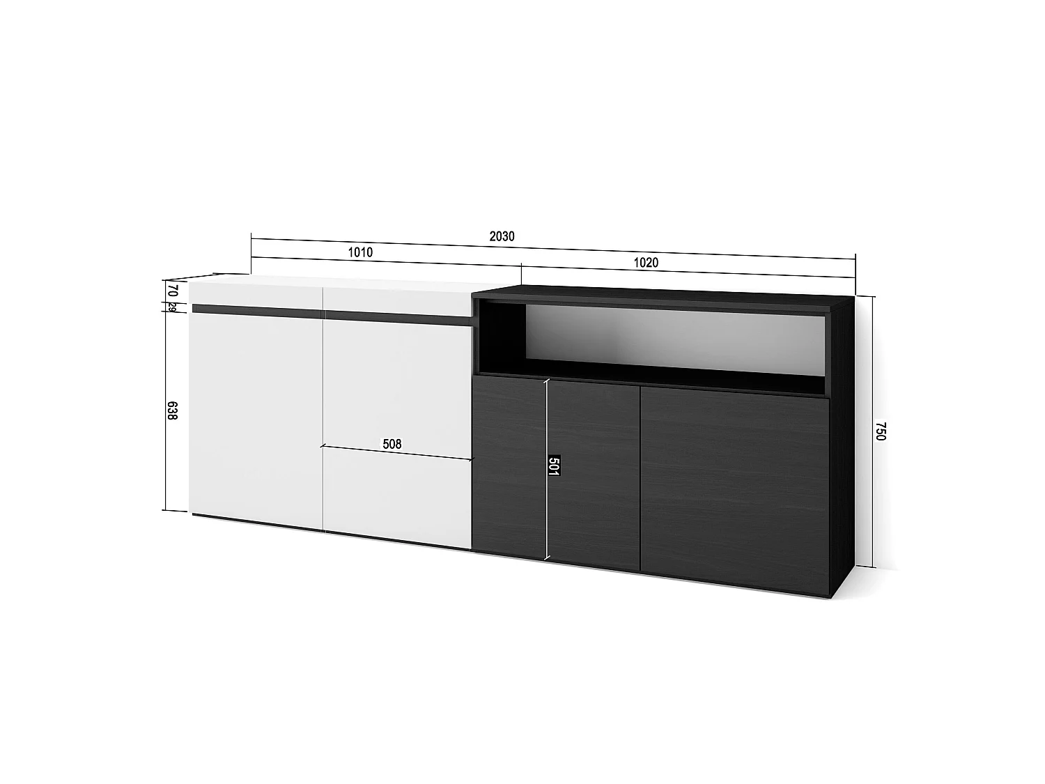 Dressoir, Opbergkast, 200x35x75cm, 4 Deuren, Woonkamer, hal, Wit en Zwart