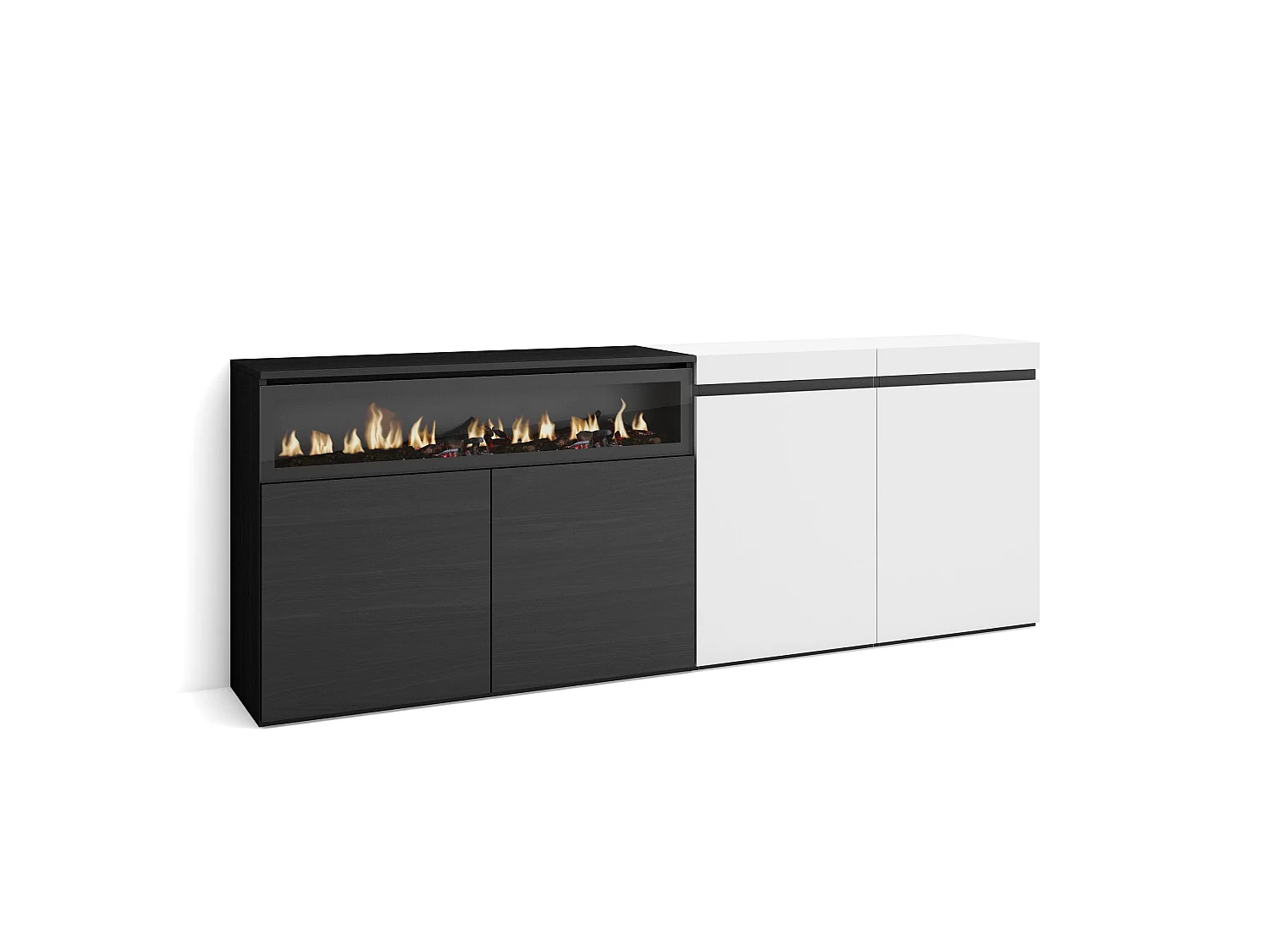 Buffet salon et cuisine, 200x35x75cm, 4 Portes, Cheminée électrique, Blanc et noir