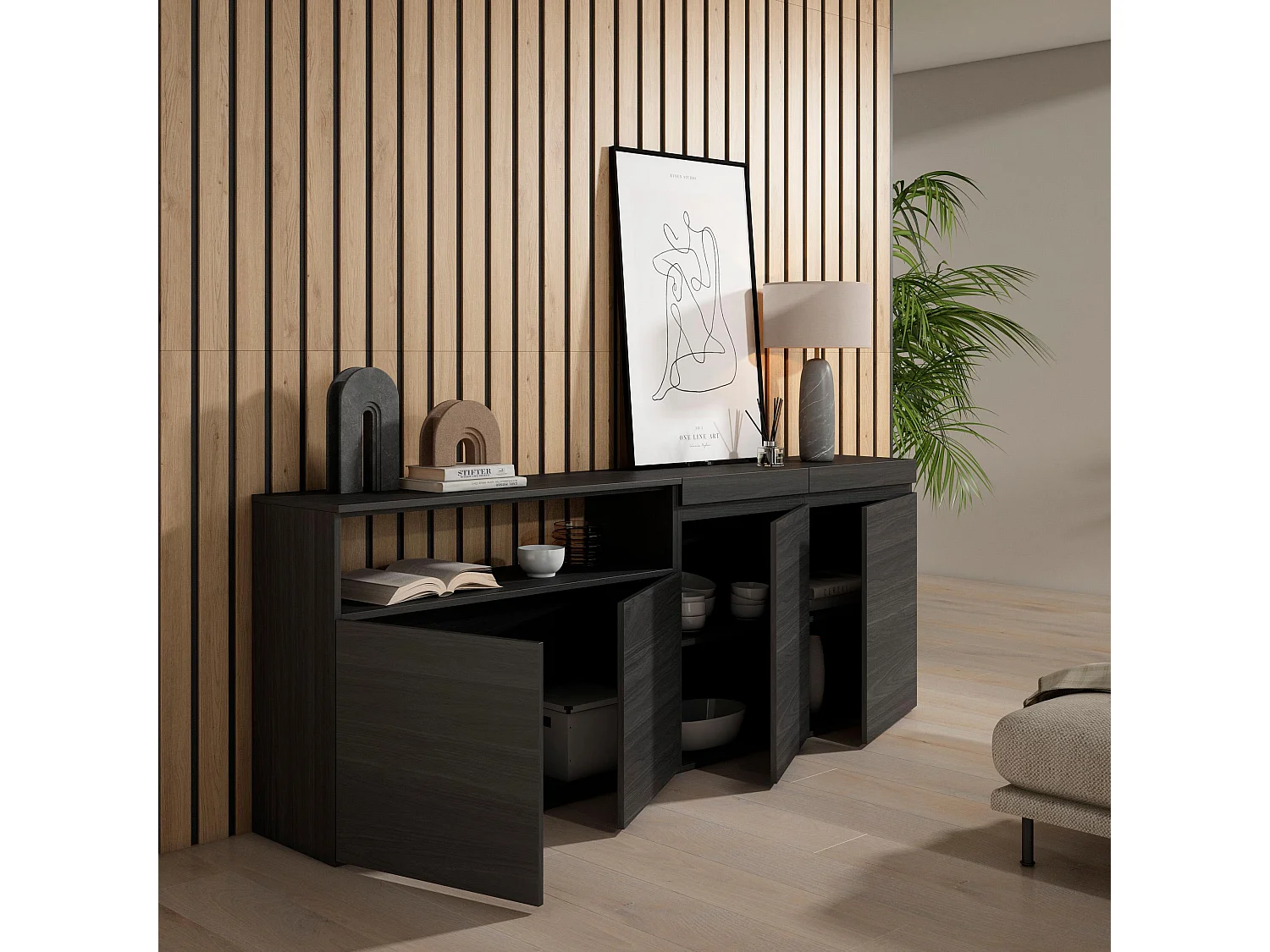 Sideboard, Highboard, 200x35x75cm, 4 Türen, Wohnzimmer, Küche, Schwarz