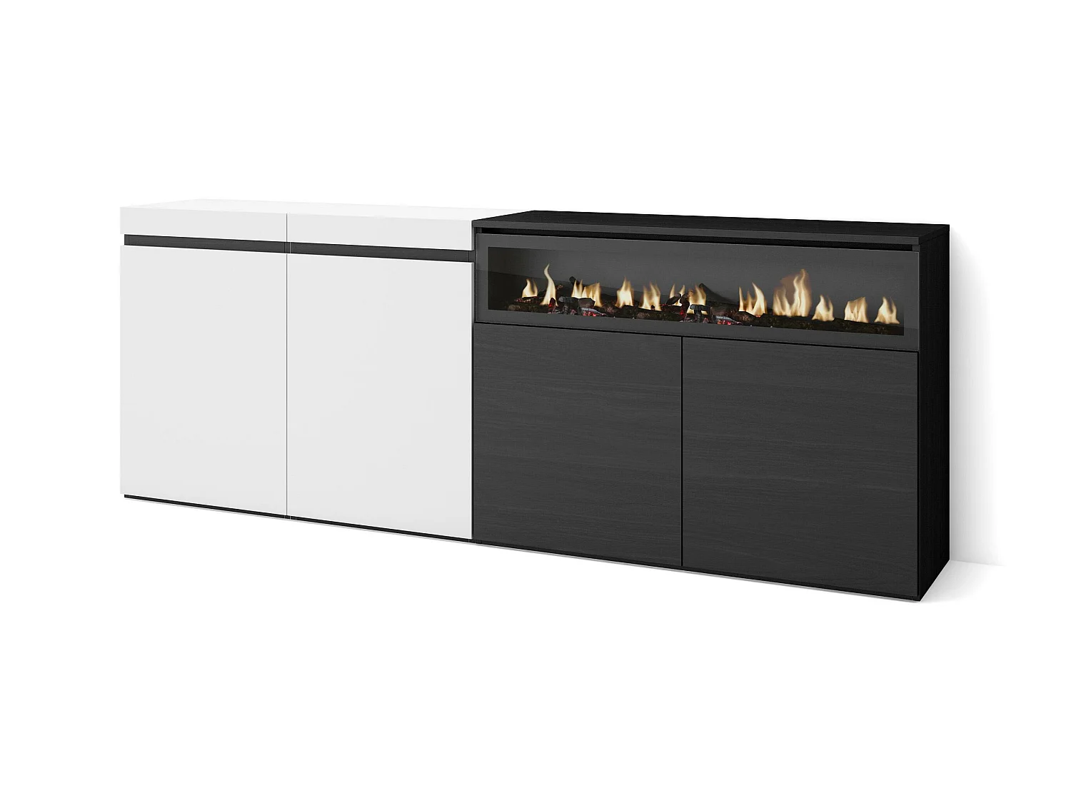 Buffet salon et cuisine, 200x75x35cm, 4 Portes, Cheminée électrique, Blanc et noir