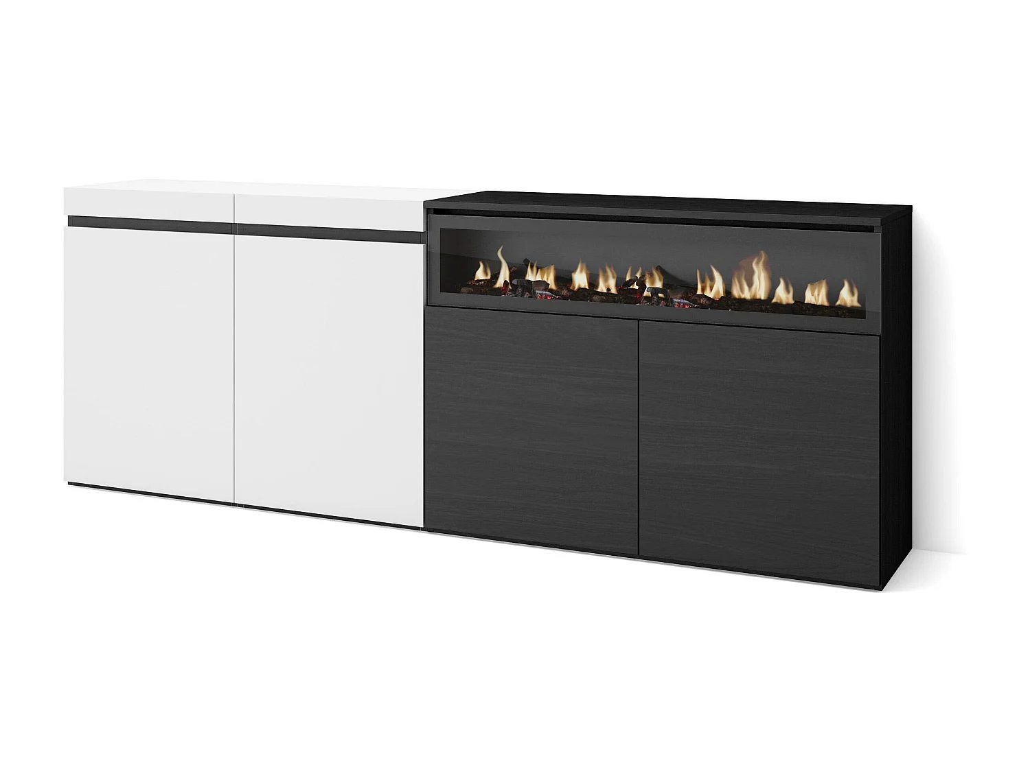 Sideboard, Highboard, 200x35x75cm, 4 Türen, Elektrokamin, Weiß und Schwarz