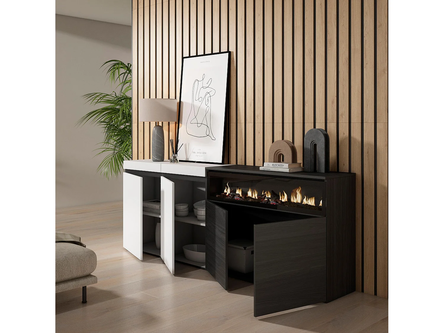 Sideboard, Highboard, 200x35x75cm, 4 Türen, Elektrokamin, Weiß und Schwarz