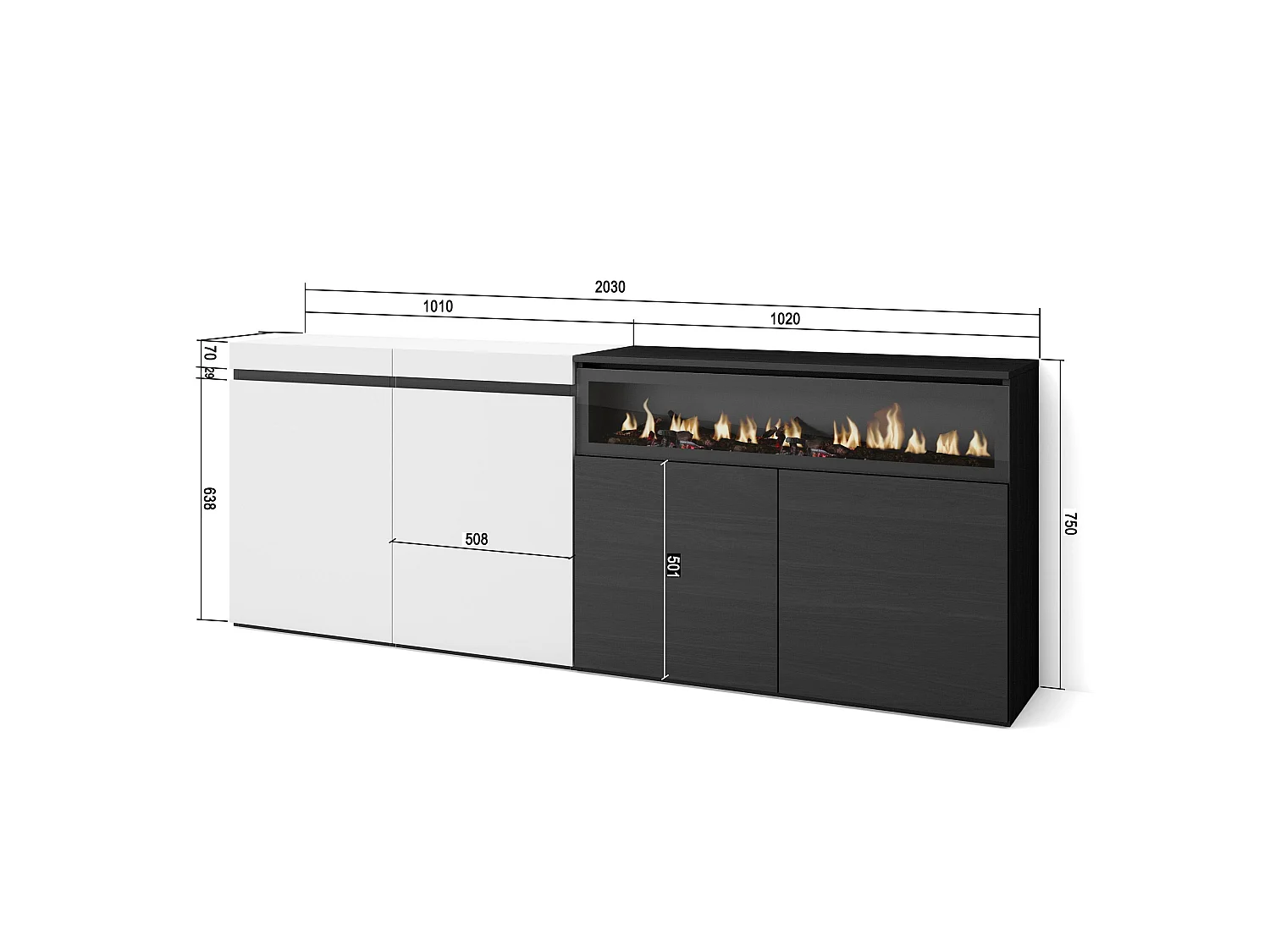 Sideboard, Highboard, 200x35x75cm, 4 Türen, Elektrokamin, Weiß und Schwarz