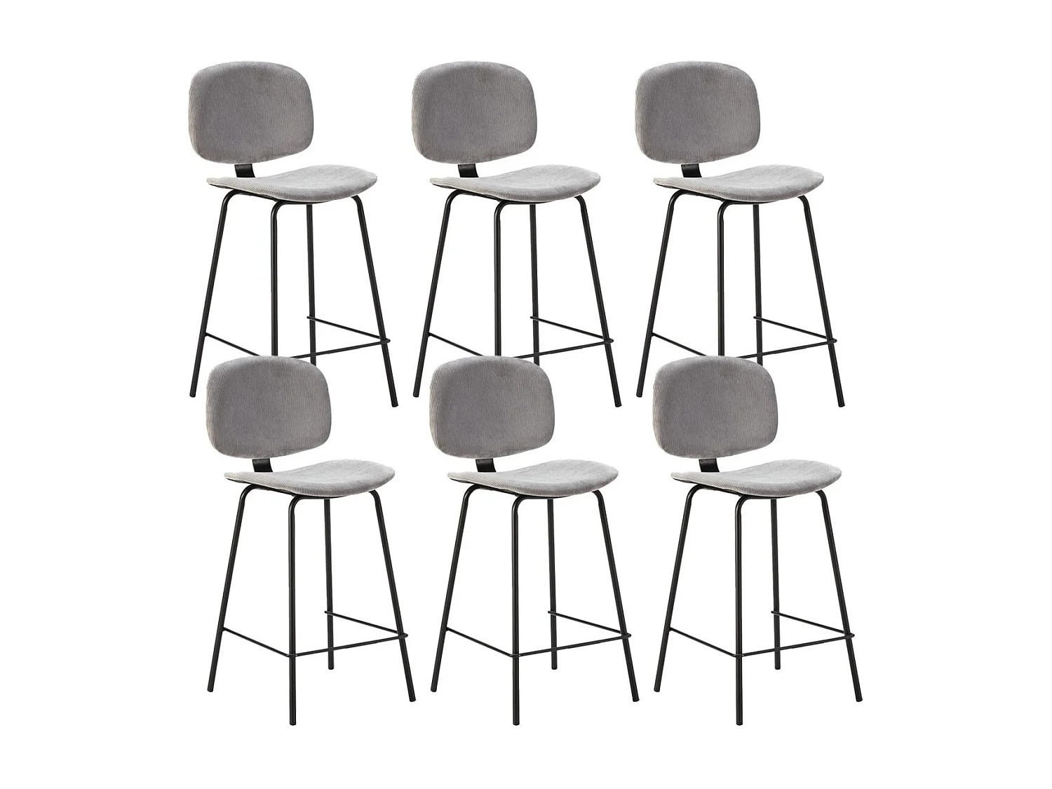 GARY - Lot de 6 Tabourets en Velours Côtelé Gris Clair Piétement Métal Noir