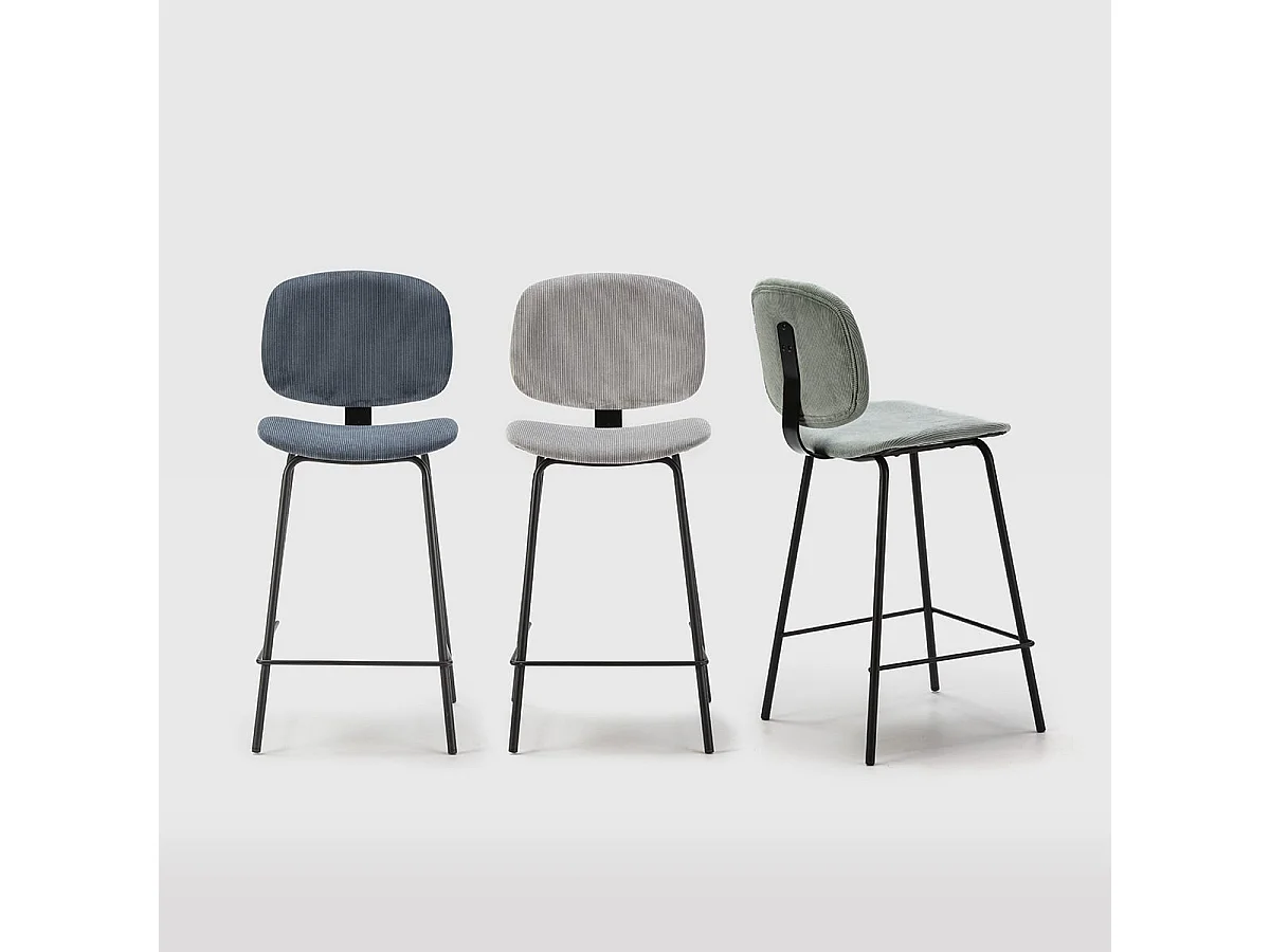 GARY - Lot de 6 Tabourets en Velours Côtelé Gris Clair Piétement Métal Noir