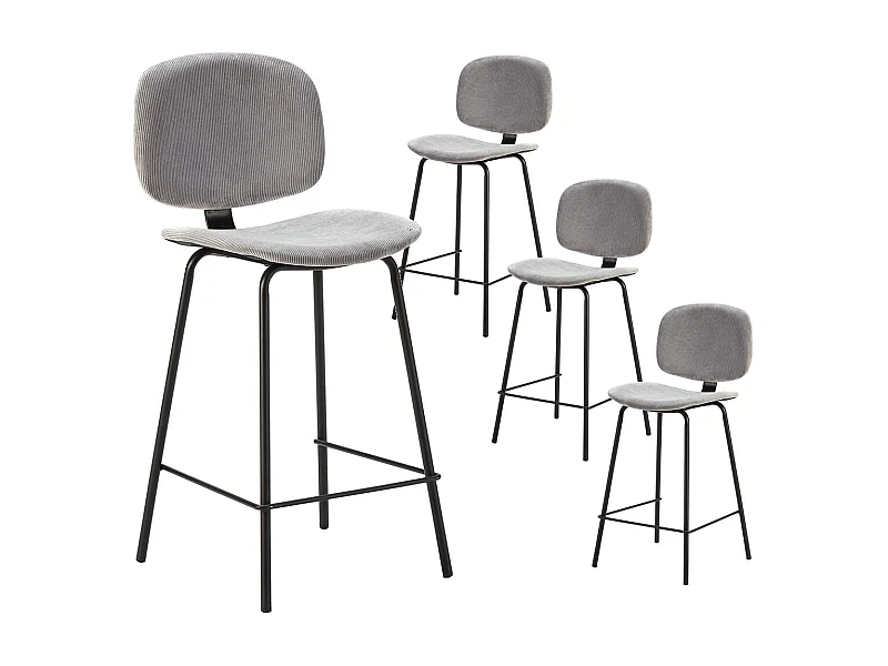 GARY - Lot de 4 Tabourets en Velours Côtelé Gris Clair Piétement Métal Noir
