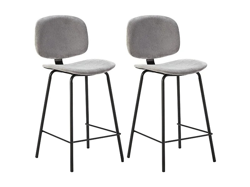 GARY - Lot de 2 Tabourets en Velours Côtelé Gris Clair Piétement Métal Noir