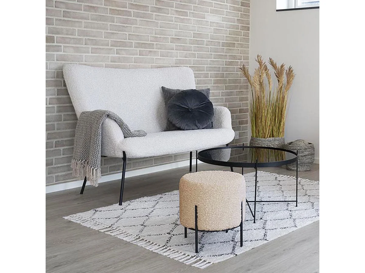 FINTRY - Repose-Pieds Rond Imitation Laine Beige et Pieds Acier