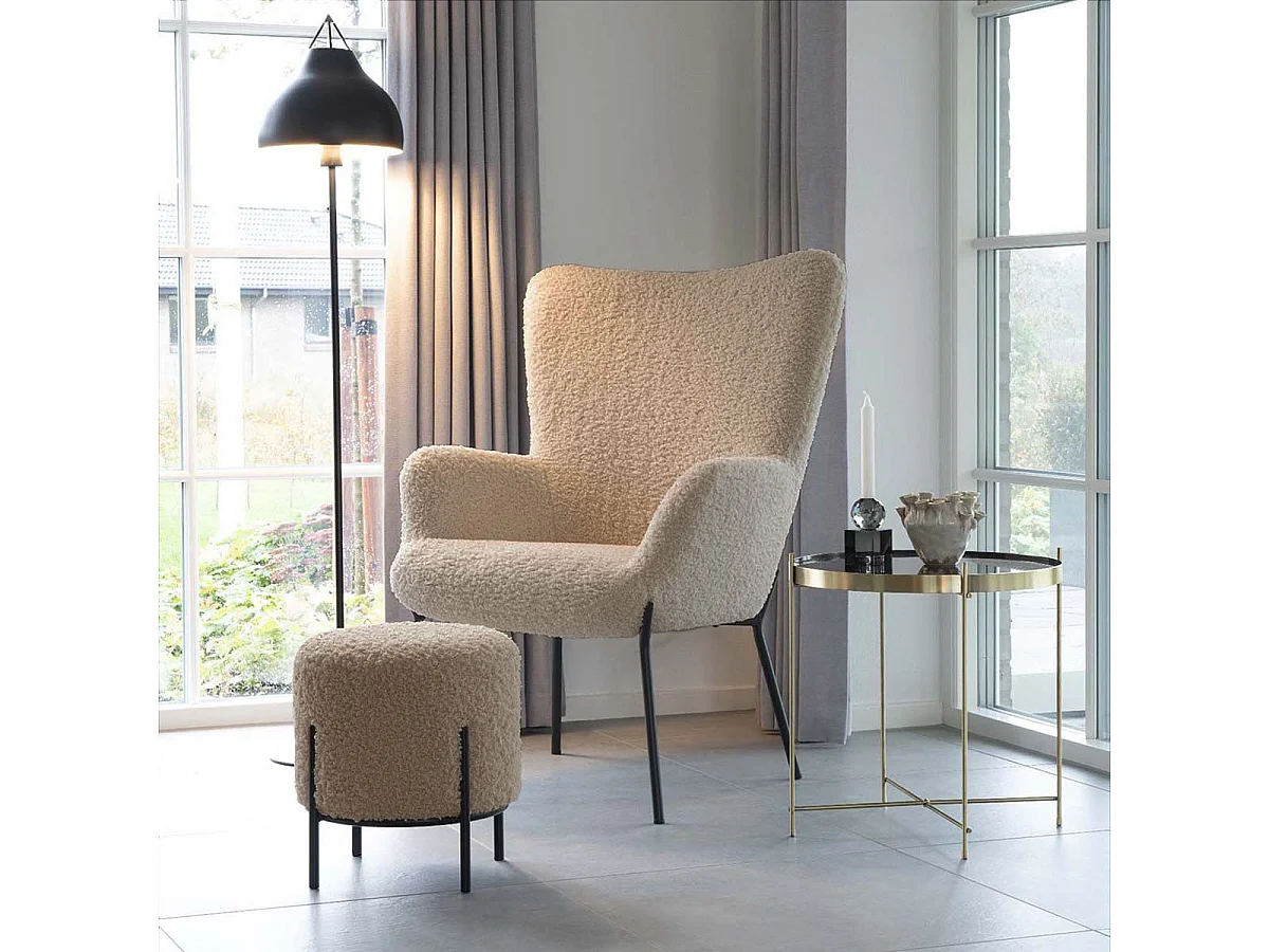 FINTRY - Repose-Pieds Rond Imitation Laine Beige et Pieds Acier