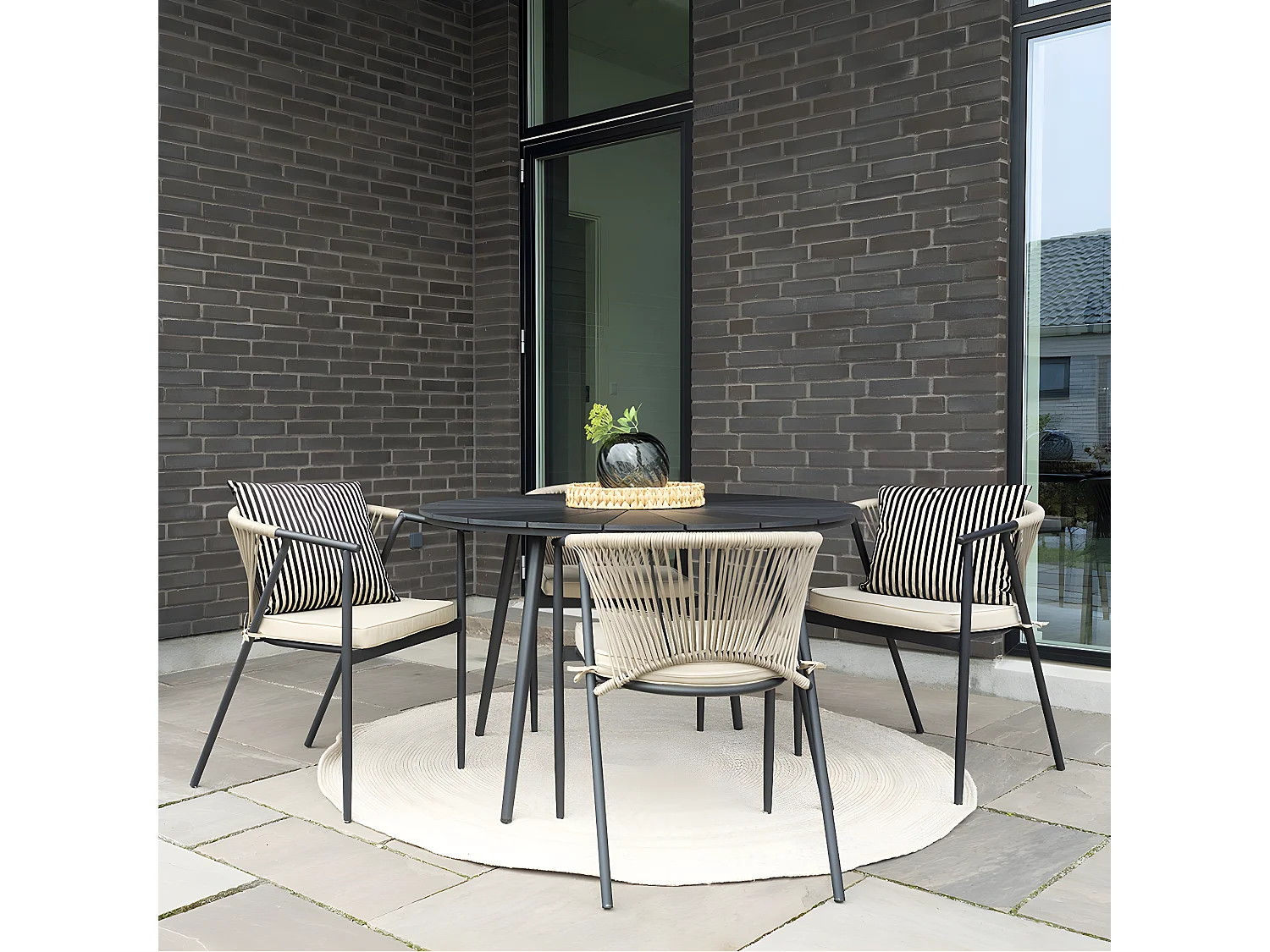 GAPIA - Table Ronde Ø120cm Plateau Soleil Effet Bois Noir et Métal