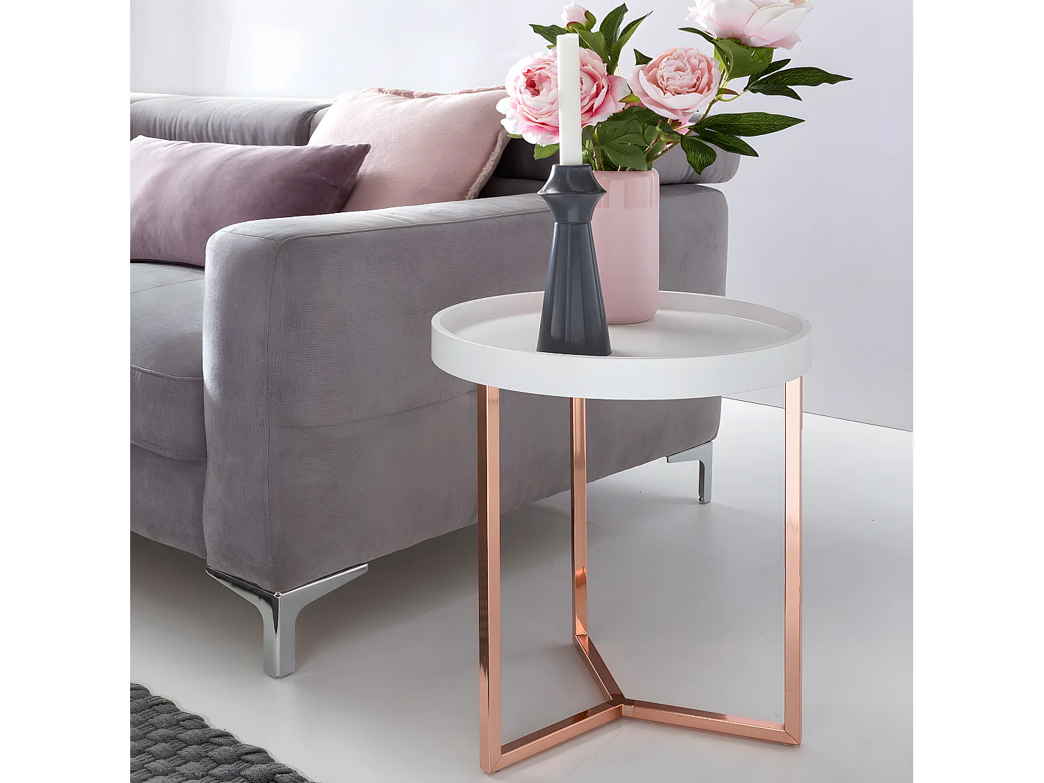 FineBuy Design Beistelltisch mit Tablett abnehmbar 40 cm Rund Kupfer | Couchtisch Holz | Wohnzimmertisch als Tabletttisch Modern