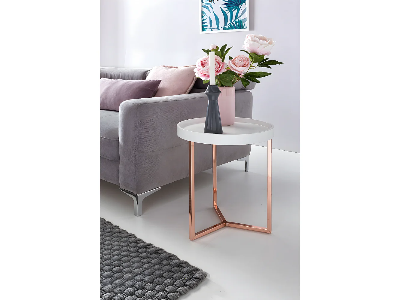 FineBuy Design Beistelltisch mit Tablett abnehmbar 40 cm Rund Kupfer | Couchtisch Holz | Wohnzimmertisch als Tabletttisch Modern