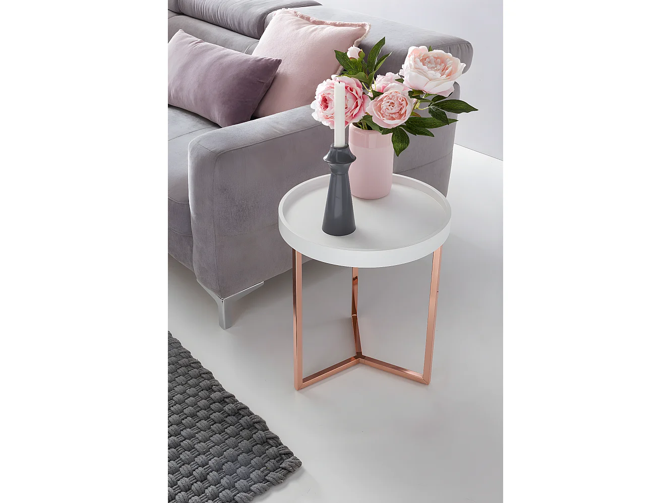 FineBuy Design Beistelltisch mit Tablett abnehmbar 40 cm Rund Kupfer | Couchtisch Holz | Wohnzimmertisch als Tabletttisch Modern