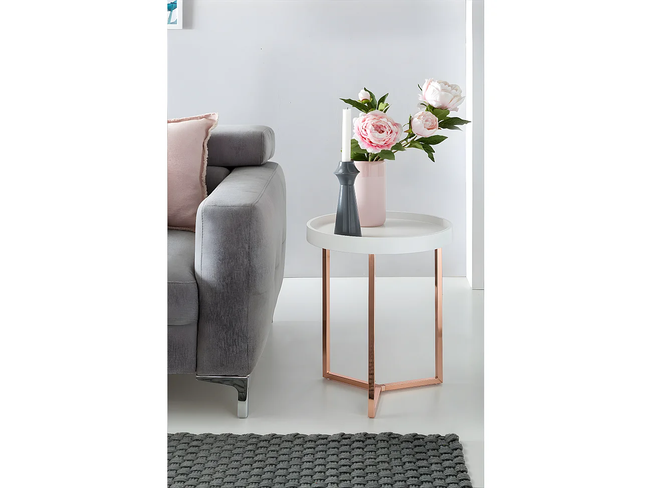 FineBuy Design Beistelltisch mit Tablett abnehmbar 40 cm Rund Kupfer | Couchtisch Holz | Wohnzimmertisch als Tabletttisch Modern