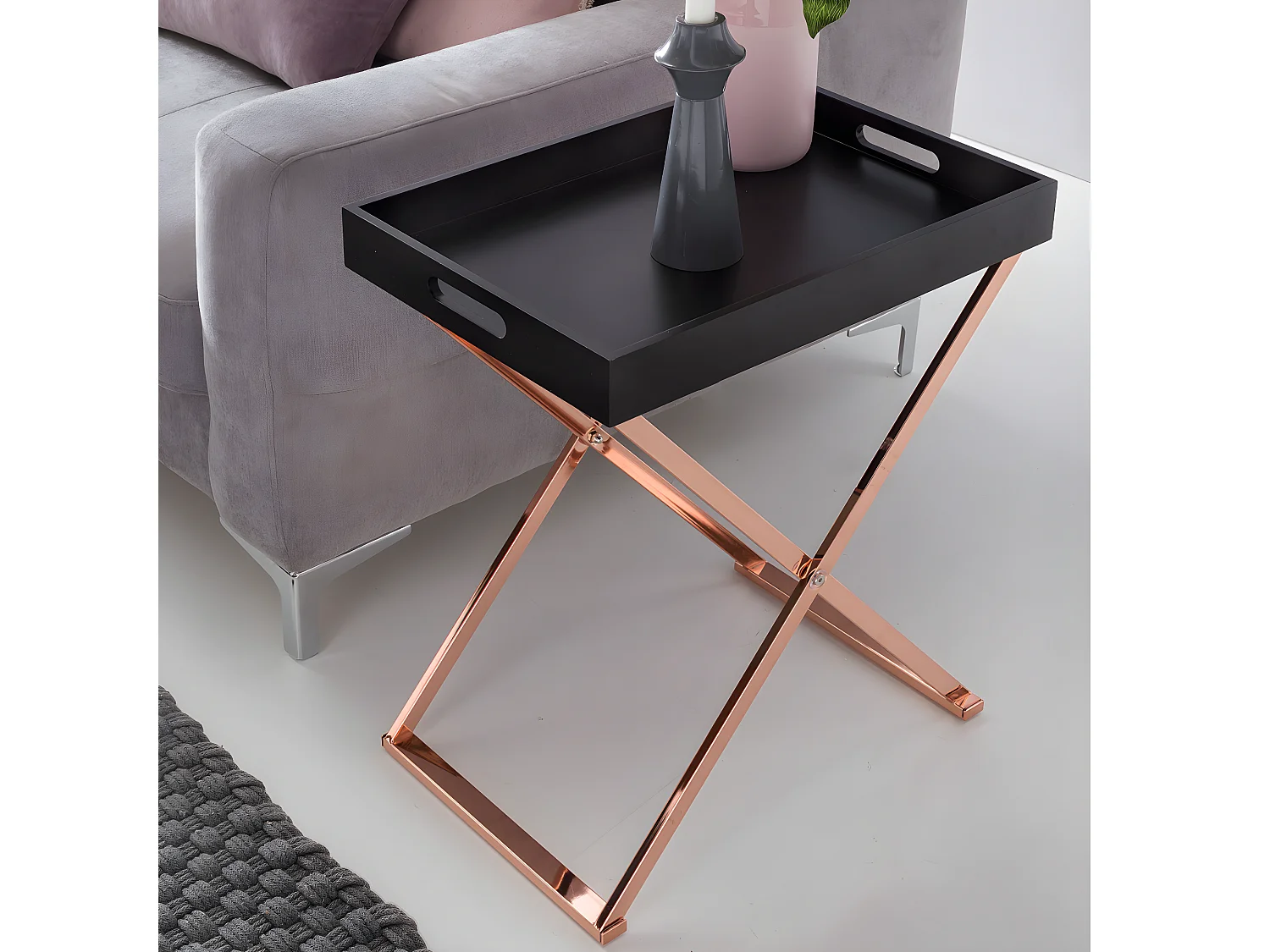 Design Table avec plateau 46 x 61 x 34 cm bois métal Noir / Cuivre | Table du canapé Moderne | Table basse Table de salon rectangulaire