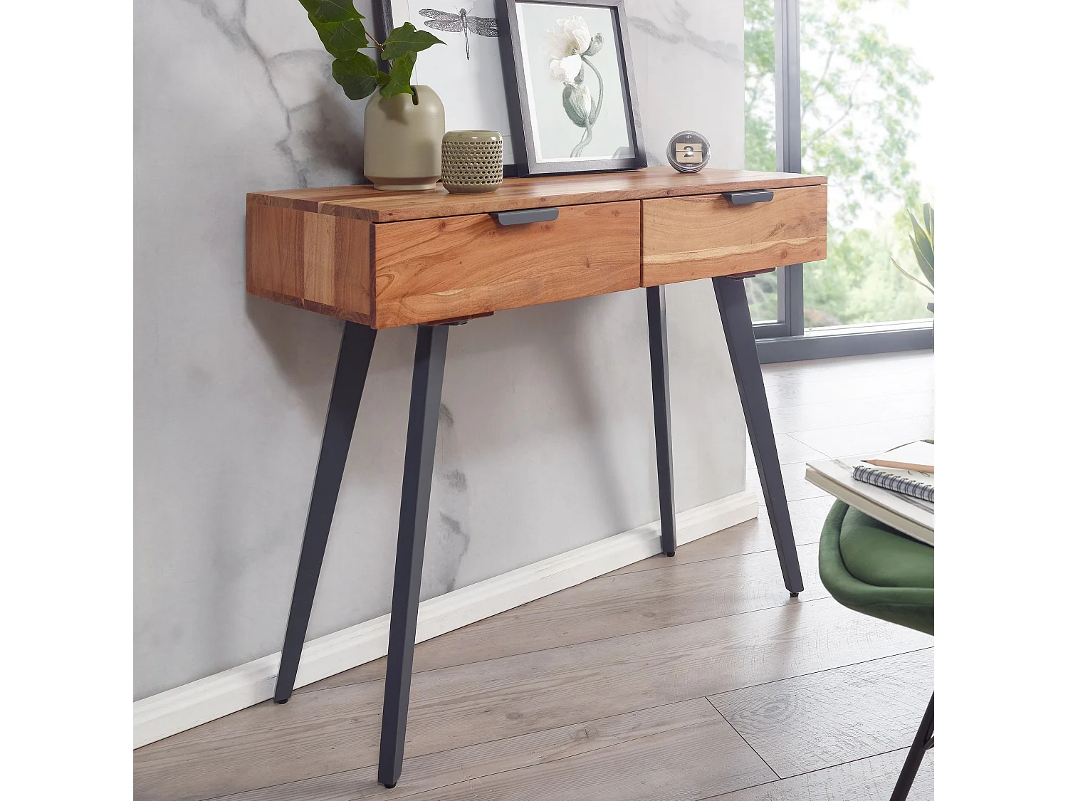 Consolle 90 cm scrivania acacia in legno massello / toletta in metallo