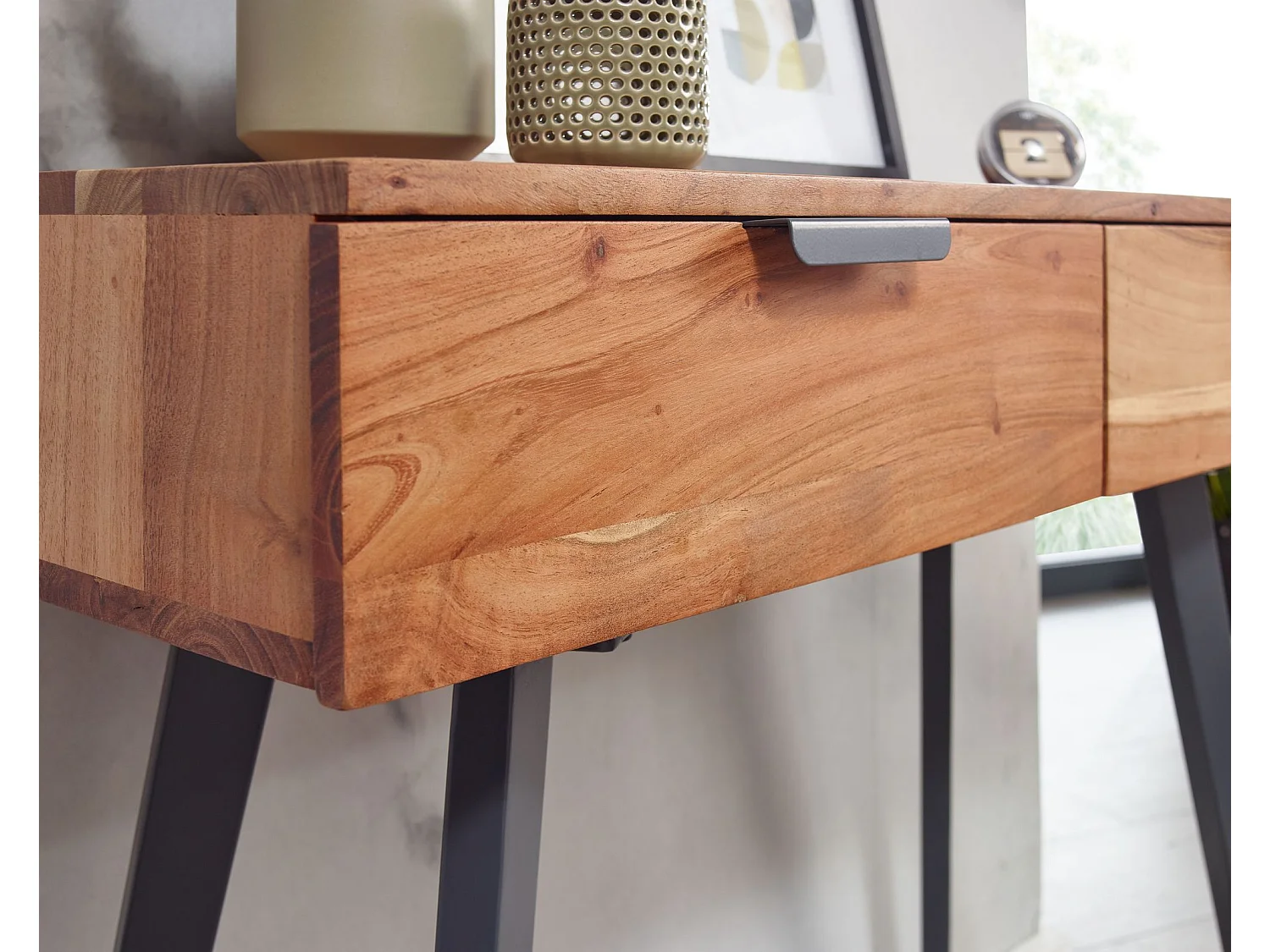 Consolle 90 cm scrivania acacia in legno massello / toletta in metallo