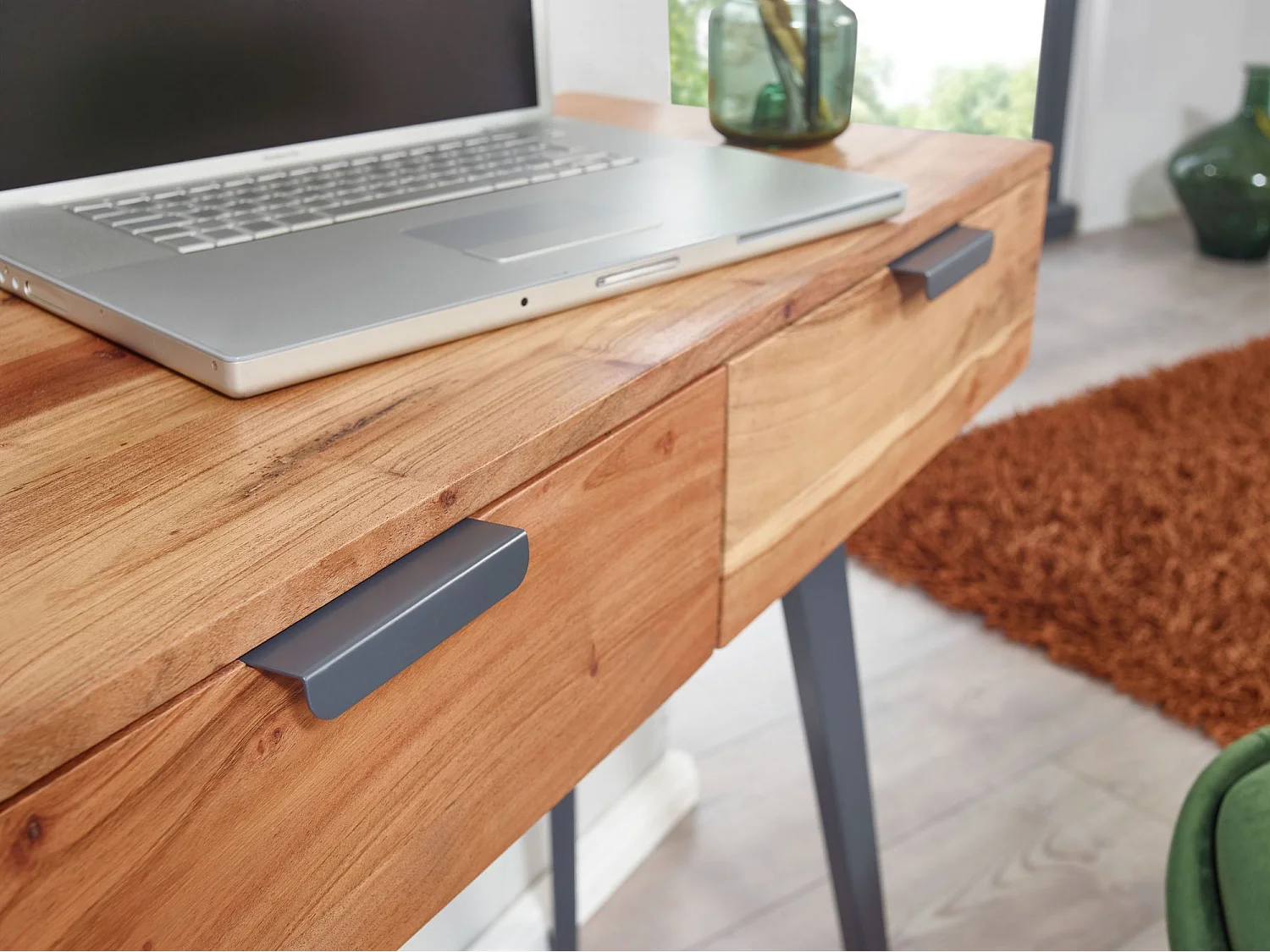 Consolle 90 cm scrivania acacia in legno massello / toletta in metallo