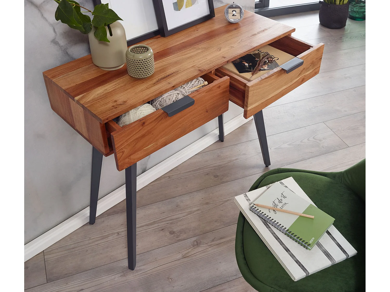 Consolle 90 cm scrivania acacia in legno massello / toletta in metallo
