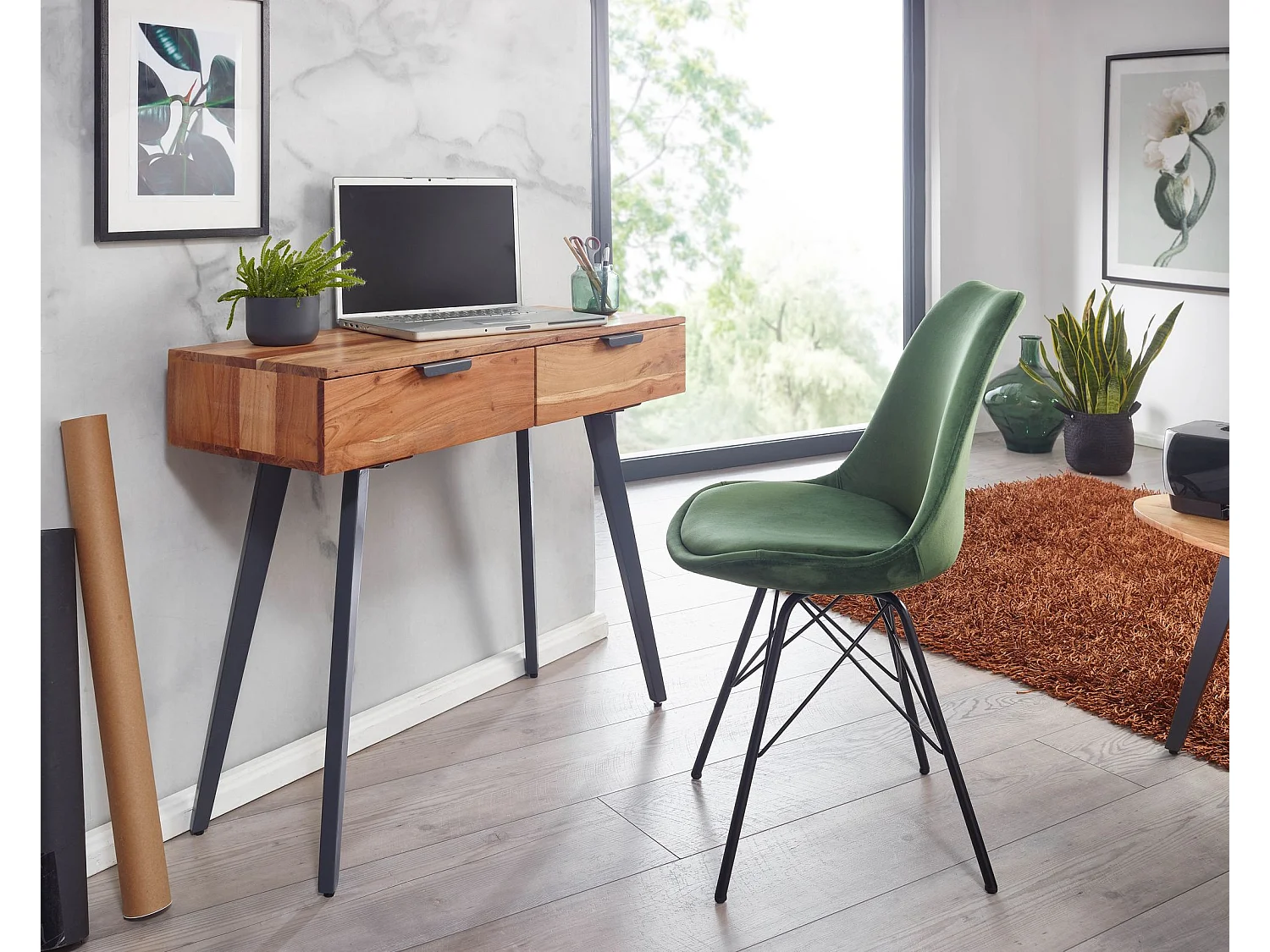 Consolle 90 cm scrivania acacia in legno massello / toletta in metallo