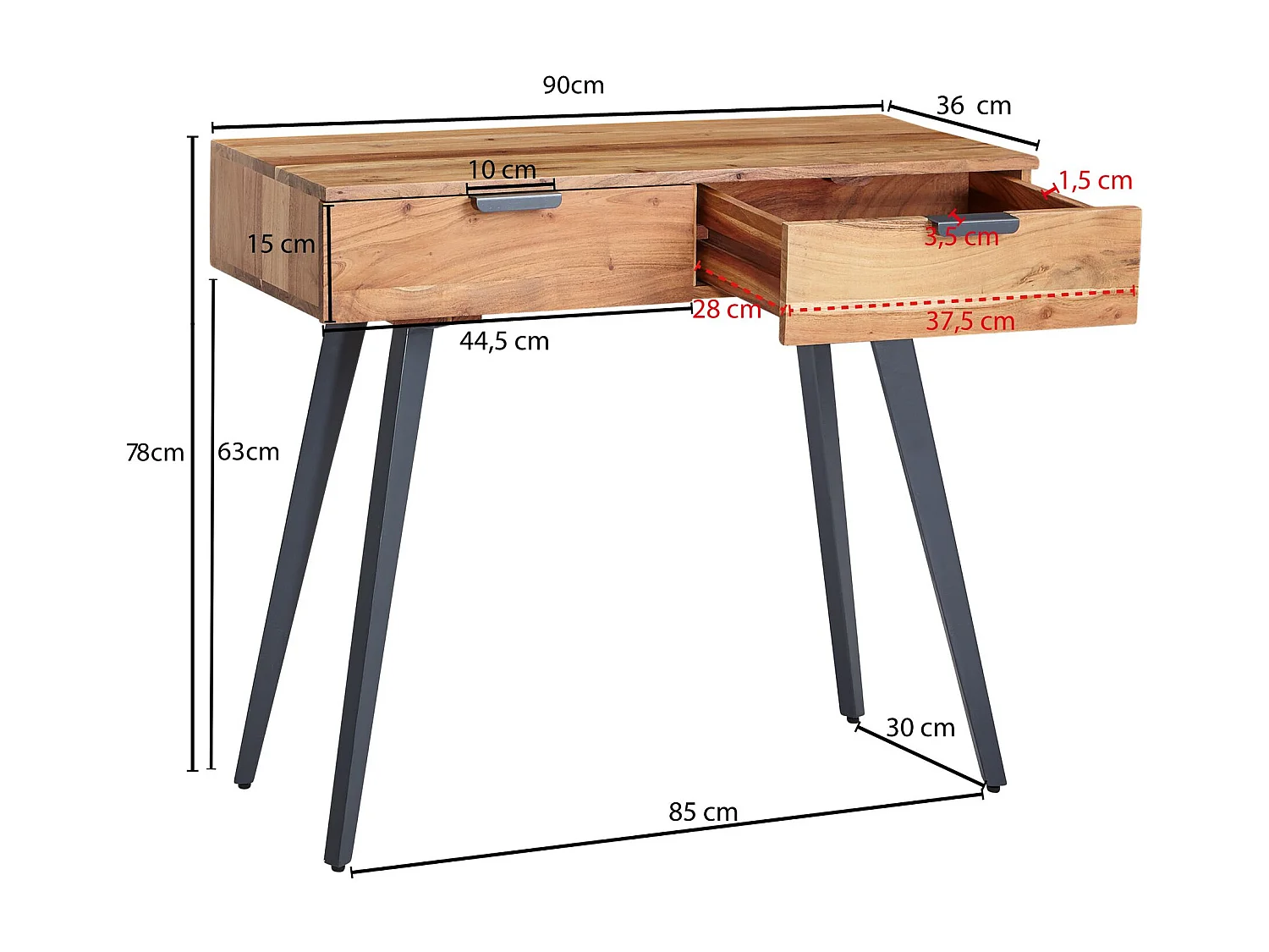 Consolle 90 cm scrivania acacia in legno massello / toletta in metallo