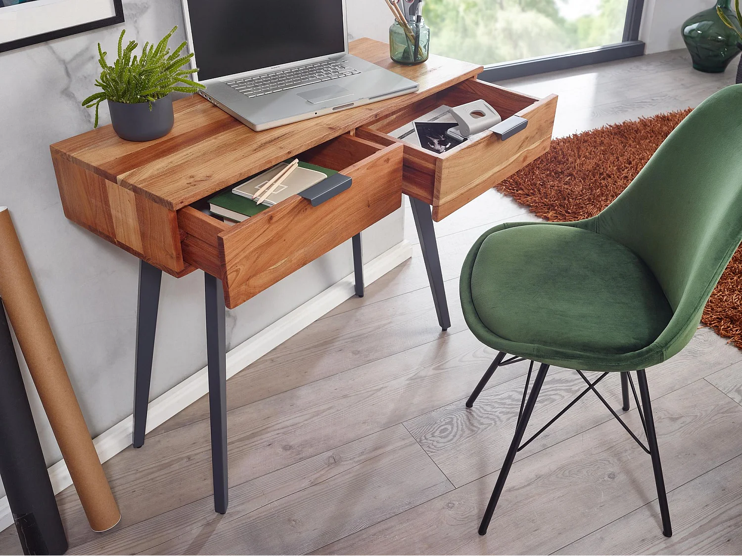 Consolle 90 cm scrivania acacia in legno massello / toletta in metallo