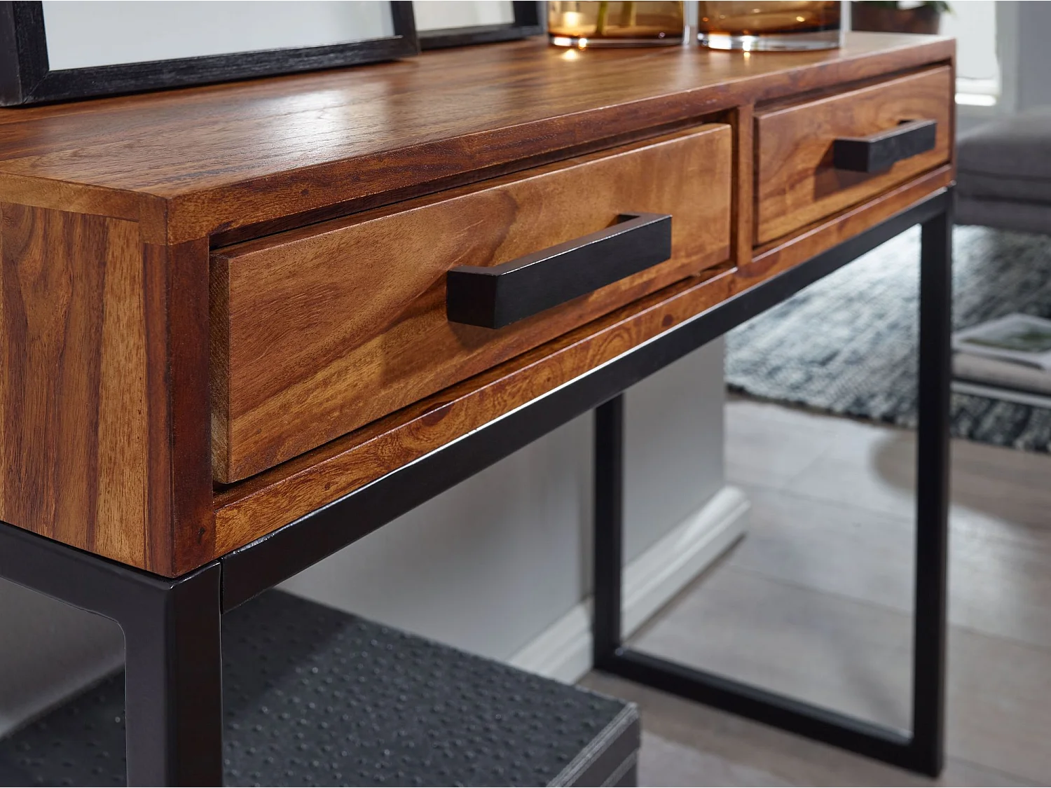 Tavolo Consolle 90x76,5x35,5 cm Acacia Tavolo Da Toletta Legno Cassetti