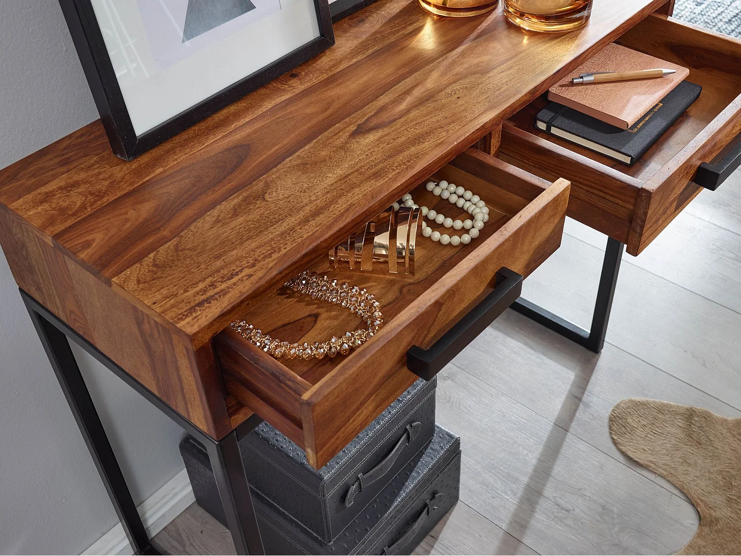 Tavolo Consolle 90x76,5x35,5 cm Acacia Tavolo Da Toletta Legno Cassetti