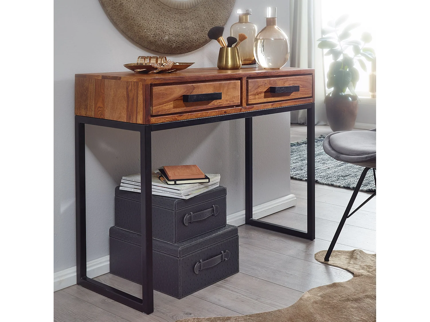 Tavolo Consolle 90x76,5x35,5 cm Acacia Tavolo Da Toletta Legno Cassetti