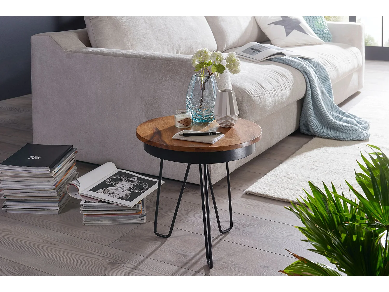 Beistelltisch Ø43 Sheesham Massivholz Couchtisch Metall Wohnzimmertisch