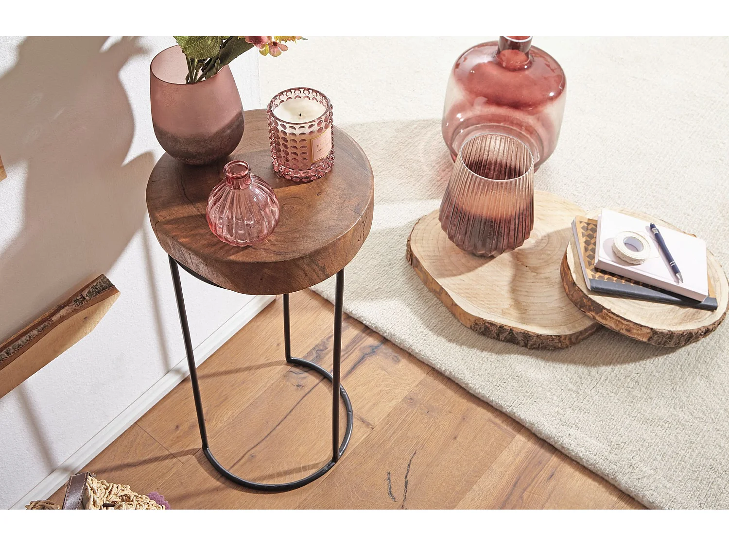 Beistelltisch Massiv Wohnzimmertisch Holz Baumstamm Tisch Echt-Holz