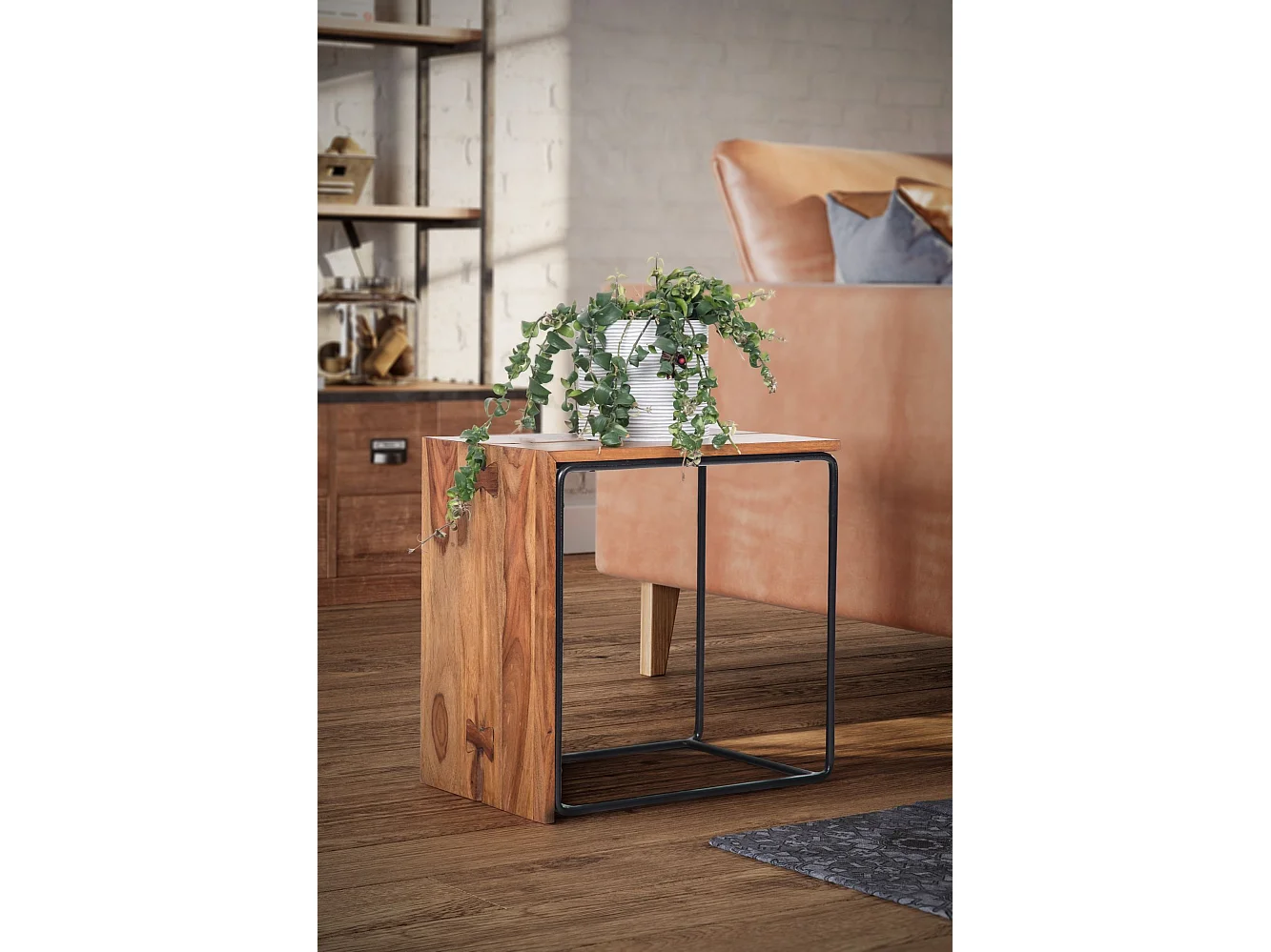 Beistelltisch Anstelltisch Massivholz Metall 45x30x45 cm Abstelltisch