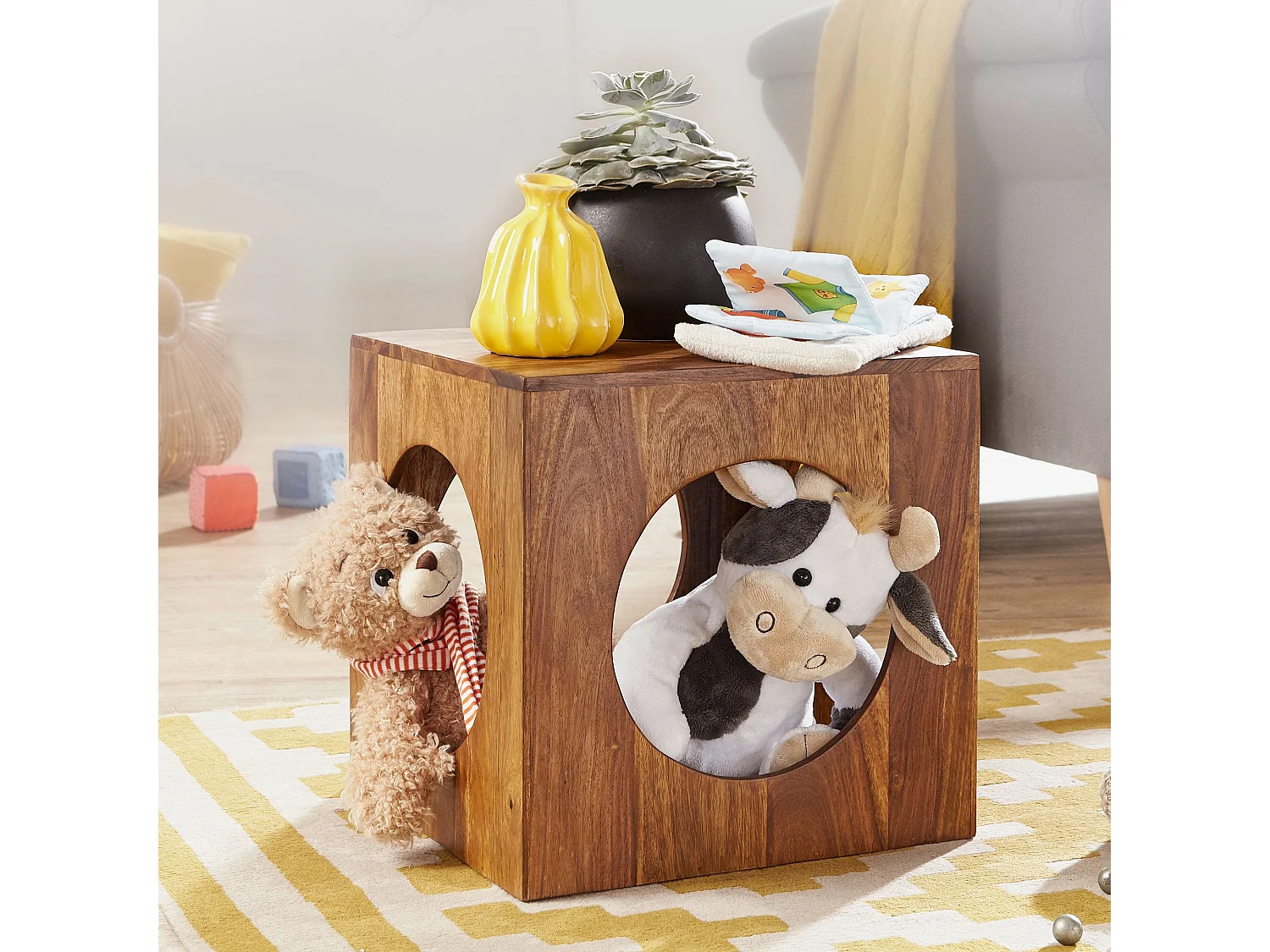 Sheesham Beistelltisch 35x35x35 cm Cube Holztisch Tisch mit Stauraum