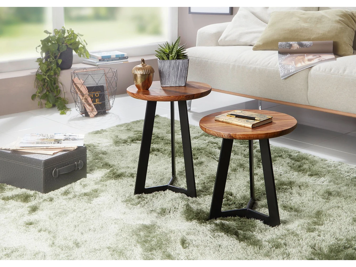 Beistelltisch SV51462 Sheesham Holz Metall Industrial Telefontisch