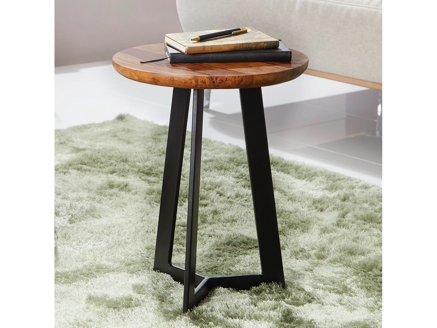 Table d'appoint Bois Massif / Métal Bout de canapé Table de Salon Rond