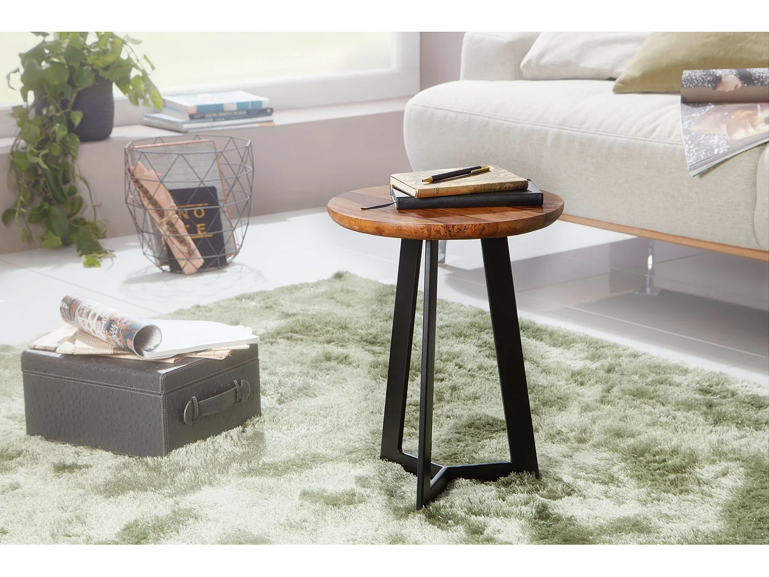 Table d'appoint Bois Massif / Métal Bout de canapé Table de Salon Rond