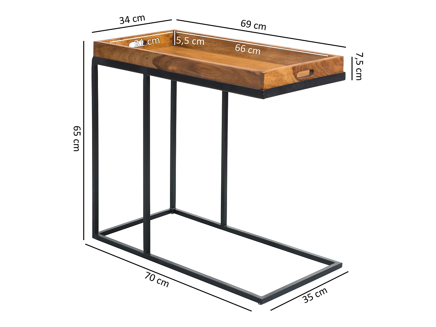 Table d'appoint Bois Massif 69x65x34cm Bout de canapé Table de Salon