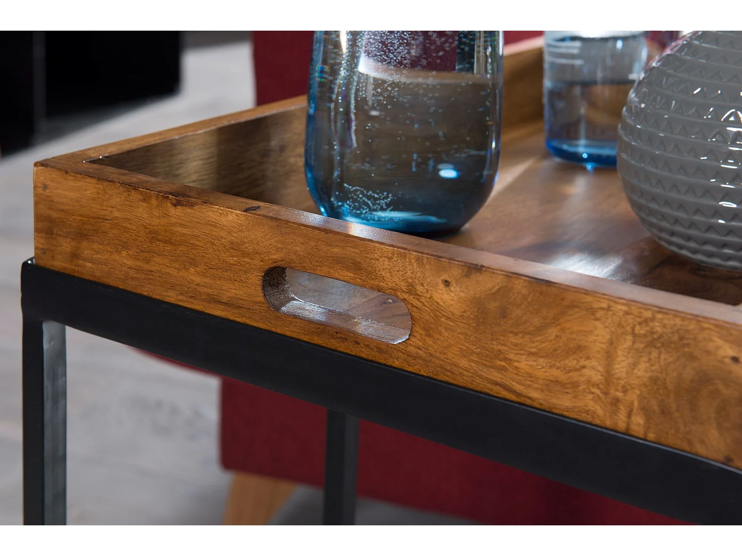 Beistelltisch Sheesham massiv Holz Tabletttisch Abstelltisch Holz Metall