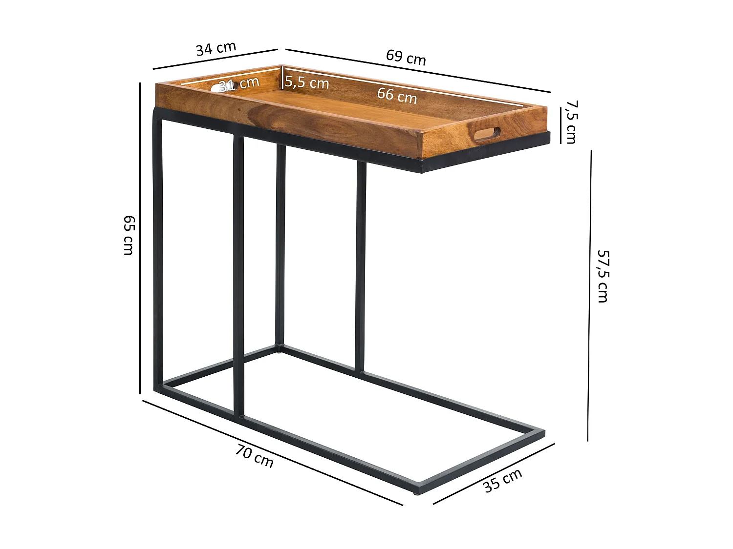 Table d'appoint Bois Massif 69x65x34cm Bout de canapé Table de Salon