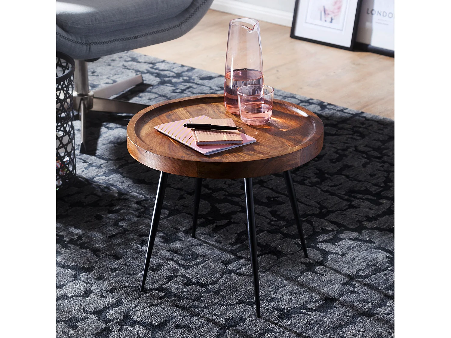 Beistelltisch rund 46x40x46cm Sheesham massiv Holz Metall Couchtisch