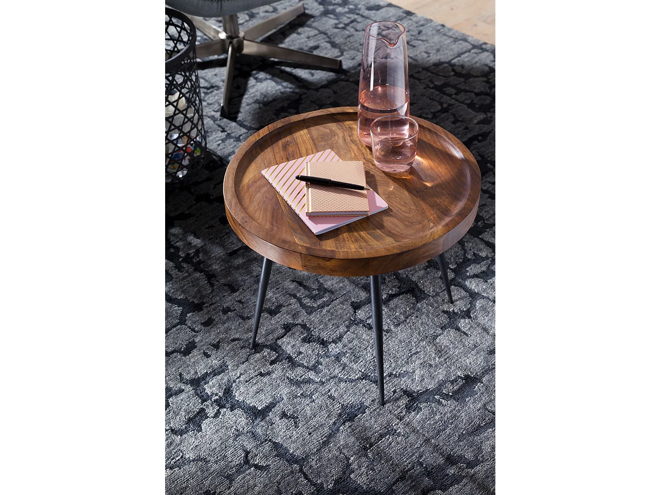 Beistelltisch rund 46x40x46cm Sheesham massiv Holz Metall Couchtisch