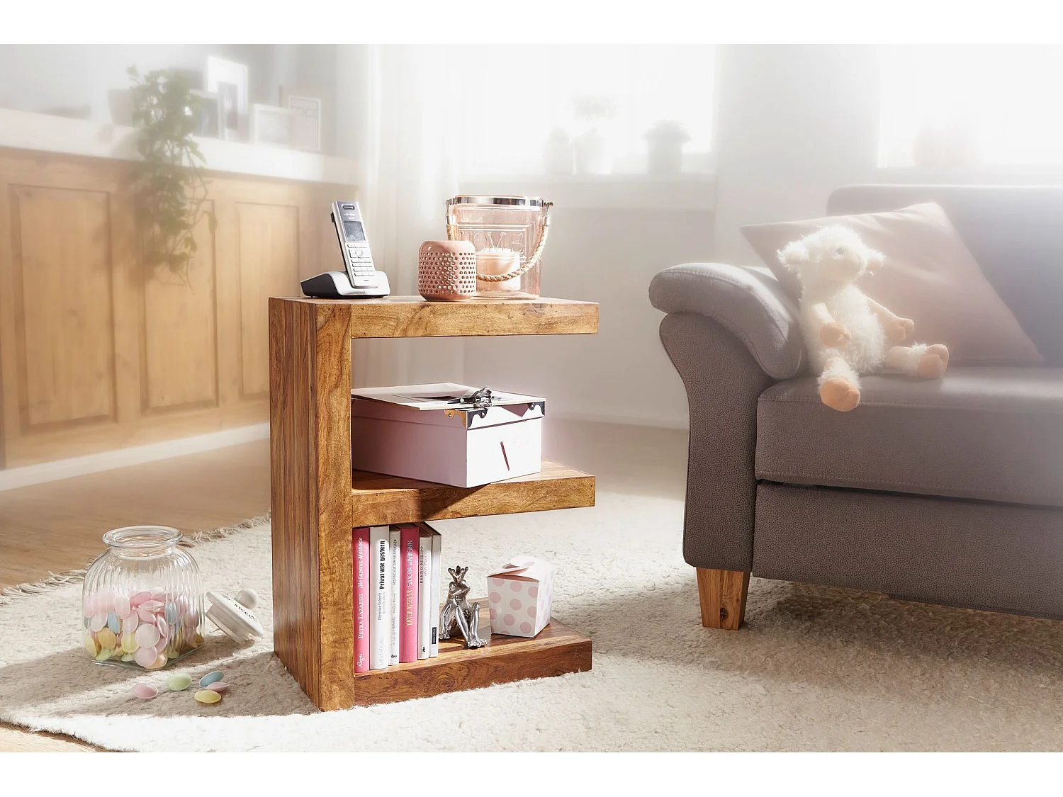 Massivholz Beistelltisch E- Cube Ablage Stand Bücher Regal 44x60x30 Neu