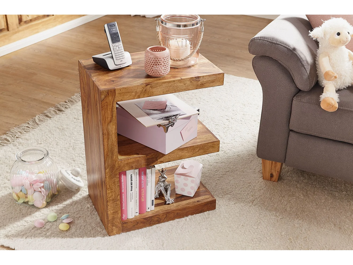 Massivholz Beistelltisch E- Cube Ablage Stand Bücher Regal 44x60x30 Neu