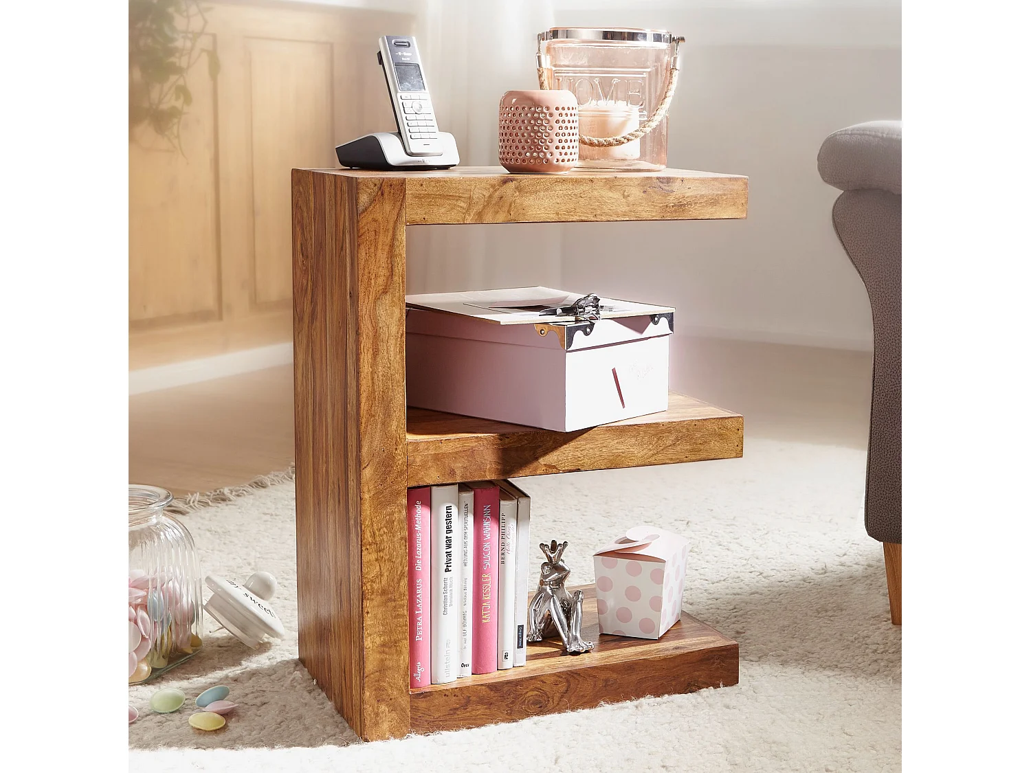 Massivholz Beistelltisch E- Cube Ablage Stand Bücher Regal 44x60x30 Neu