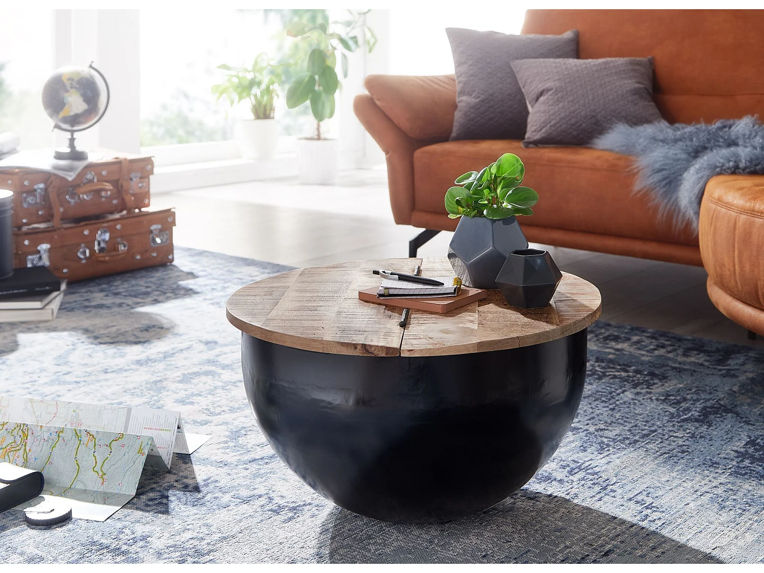 Couchtisch Rund Holz Sofatisch Ø 60 cm Tisch Stauraum Wohnzimmertisch